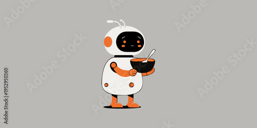Cute AI Robot Holding Food Bowl, Friendly Chatbot Character Cooking Concept Vector Illustration
