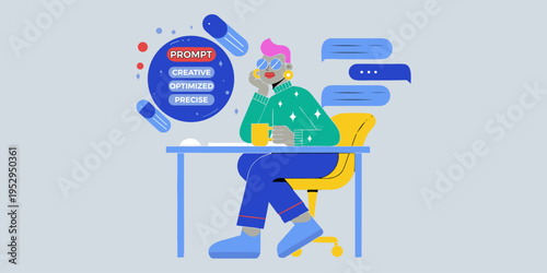 AI Prompt Engineering Concept Illustration, Creative Person Writing Optimized Prompts for Chatbot Communication