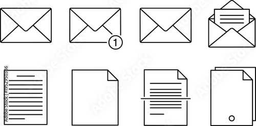 Email and document line icons set with envelope message notification files paper sheets and communication office symbols collection