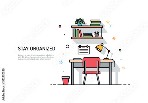 Small dorm workspace concept showing a wall mounted shelf above a compact desk and chair. A subtle ?Stay Organized? text detail emphasizes efficient storage