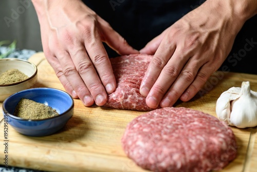 Baker’s hands presenting fresh ground meat patties on a wooden cutting board with garlic and spices. Culinary stock imagery for butcher shop and home cooking themes.