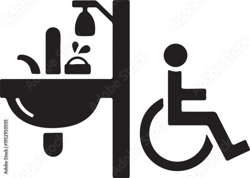 Black and white icon showing a wheelchair user next to a sink with a faucet and soap dispenser, indicating an accessible restroom or washing area.