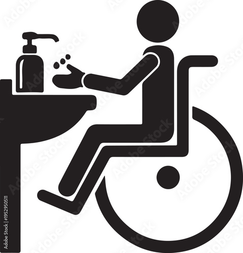 Black and white pictogram of a person in a wheelchair washing hands at an accessible sink with a soap dispenser.