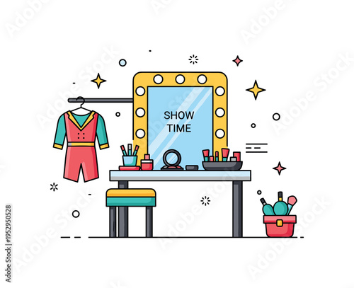 Theater dressing room scene centered on a vanity table with glowing bulbs and a neatly placed makeup kit. A hanging costume and soft star accents convey
