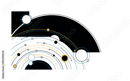A monochrome top-down solar system layout with flat circular planets in varying sizes, thin precise orbital lines forming clean geometric paths, large bold