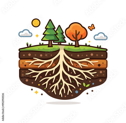 Forest roots anchoring deep into fertile soil with layered earth sections and gently spreading root branches forming a visual metaphor of hidden strength and