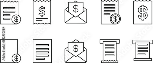 Invoice and receipt line icons set with payment documents envelopes bills currency symbols and financial transaction paperwork collection