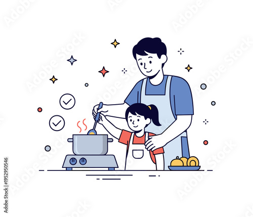 Teaching children to cook portrayed by an adult gently guiding a child?s hand while stirring a pot on the stove, expressing mentorship and life skill