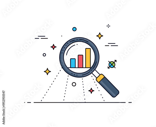 Data driven forecasting magnifying glass highlighting a future segment of a bar chart while subtle dotted projections extend forward. A clean visual metaphor