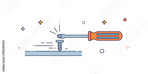 Home repair moment screwdriver tightening a single screw into a simple surface with subtle motion accents, symbolizing small fixes and proactive care. A