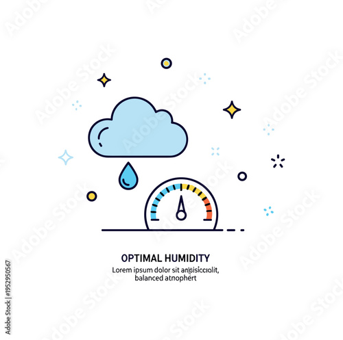 Air humidity awareness represented by a compact hygrometer dial paired with a soft cloud and droplet icon. A short ?Optimal Humidity? text detail highlights