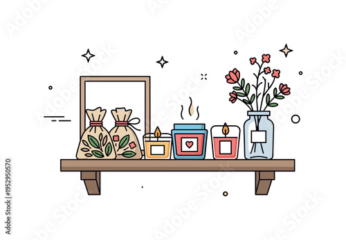 A cozy shelf corner with handmade herbal sachets alongside small candles and dried flowers, highlighting warmth, scent, and natural decor. Minimalist flat