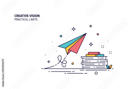 Creative vision versus practical limits concept featuring a colorful paper airplane soaring upward beside a grounded stack of documents, symbolizing