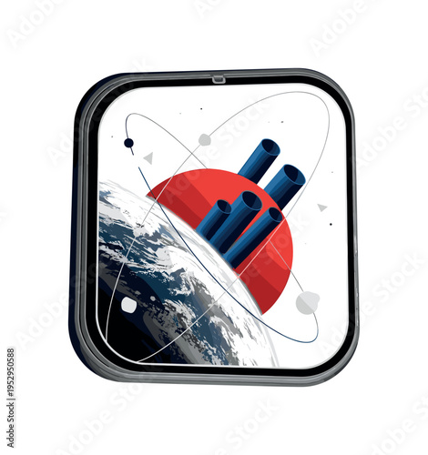 Black and white rocket window view showing Earth curvature, large flat red semicircle intersecting with deep blue cylindrical shapes, thin orbital lines and