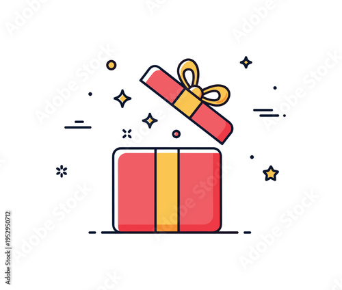 Surprise gift reveal concept illustrated by a wrapped present with lid slightly lifted and tiny sparkle accents escaping, symbolizing excitement and