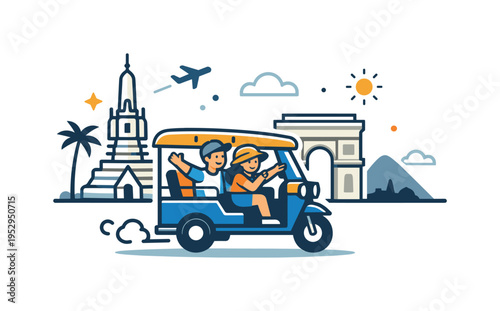 Tuk tuk tourism quick sightseeing trip capturing the excitement of discovering a new destination while riding a small open taxi through iconic street scenery.