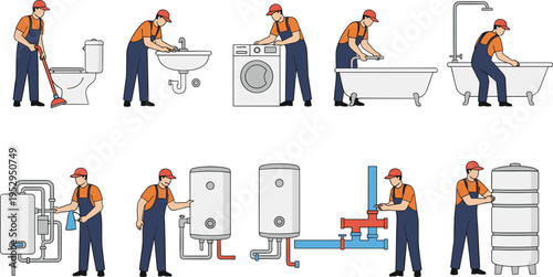 Cartoon plumbing maintenance illustration with worker fixing toilet, sink, shower, water heater, and household systems