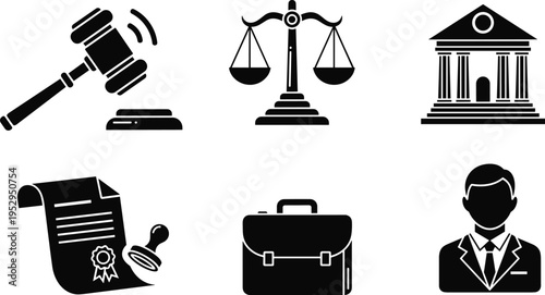 Law and justice icons set with gavel scales courthouse lawyer briefcase document and stamp solid black vector illustration
