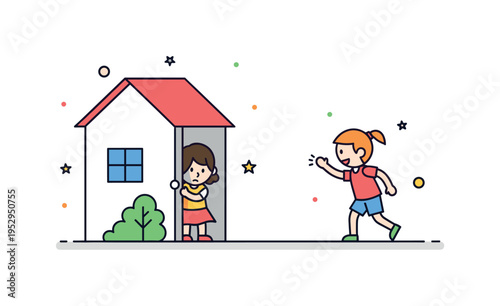 Backyard hide and seek game concept showing a small house corner with one child hiding behind it and another searching nearby, symbolizing curiosity and