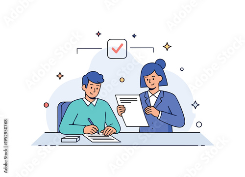 Loan application process customer seated at desk signing document while staff member reviews papers, subtle check mark icon indicating approval workflow. A