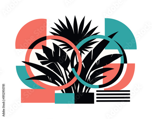 black and white tropical plant silhouette intersected by bold semicircles and geometric rings, abstract blocks arranged like decorative botanical patterns,