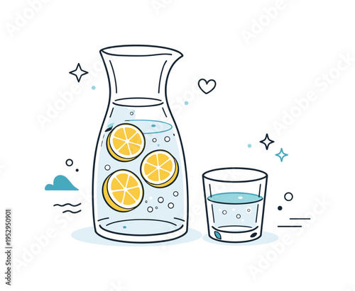 Glass water carafe with lemon slices. A clean carafe with floating lemon slices and a small glass nearby, light refreshing mood with tiny bubbles and soft