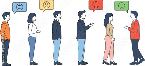 Cartoon conversation illustration with people talking in pairs and speech bubbles showing emotions and user icons