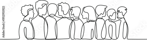 Continuous line art illustration of diverse group of people standing together for abstract social connection design