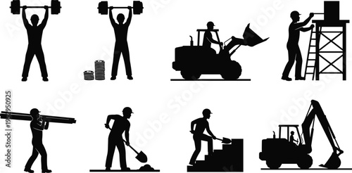 construction worker silhouettes set, heavy equipment loader excavator, lifting weights carrying materials, industrial labor, building site workforce, engineering work concept