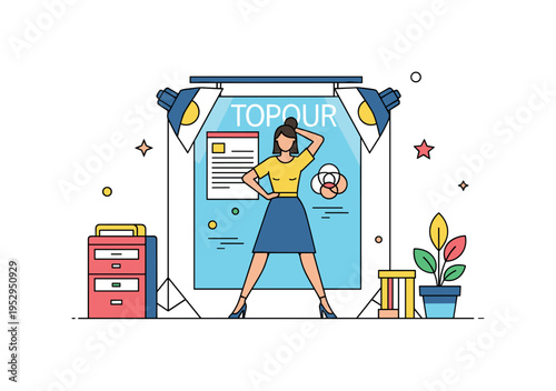 Top model striking a pose on a magazine cover set with props and lighting, highlighting glamour, artistry, and professional presentation. Minimalist flat