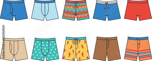 Cartoon men’s underwear and swim trunks illustration with colorful patterns, stripes, polka dots, and fashion designs