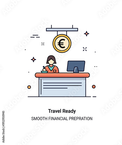 Airport currency exchange counter scene featuring a simple service desk with a currency symbol sign above it. Tiny sparkle accents and a short ?Travel Ready?