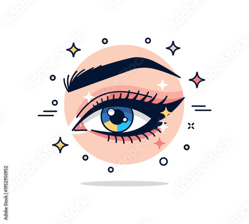 Dramatic eye makeup concept built around a close up stylized eye with bold eyeliner and shimmering accent shapes, expressing visibility and emotional
