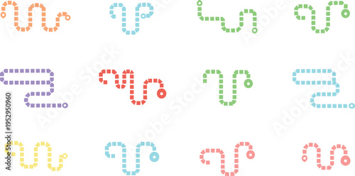 Cartoon colorful maze paths illustration with segmented trails and circles for puzzle and educational design