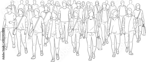 Cartoon urban crowd illustration with diverse people walking in casual clothing for city life and social design