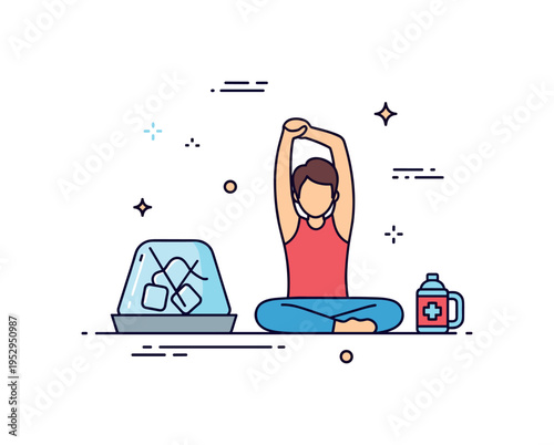 Ice therapy and gentle stretching for sports recovery, with a person in a relaxed pose and small decorative lines emphasizing calm and healing. Minimalist flat
