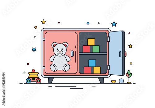 Children cupboard with toys storage idea shown as a cheerful cabinet with a teddy bear silhouette and colorful blocks neatly arranged inside. The scene