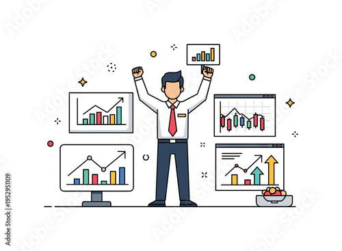 Stock trader celebrating consecutive profitable trades with charts and upward arrows on screens, emphasizing a streak of success, skill, and
