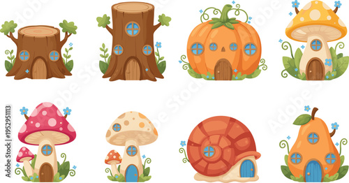 Cartoon fantasy house illustration with mushroom, pumpkin, snail shell, and tree stump designs for fairy tale themes