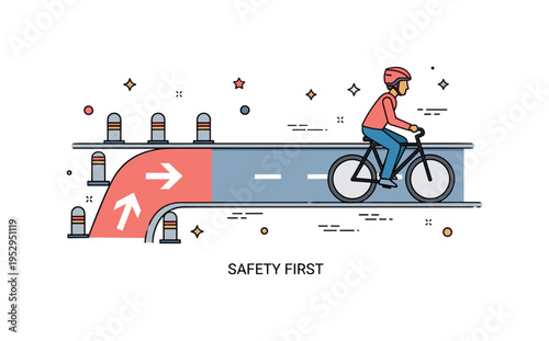 Safe urban ride concept featuring a bike lane with painted directional arrows, small bollards, and a rider wearing a helmet, expressing responsible commuting.