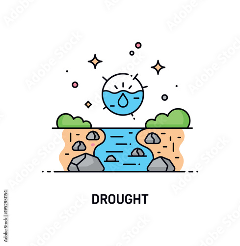 Drought affecting a small riverbed with minimal water and exposed rocks, emphasizing water shortage and parched landscapes. Minimalist flat vector