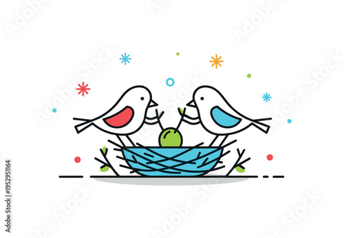 Nest construction process illustrated by two simple bird silhouettes working together with tiny twig accents, symbolizing cooperation and seasonal renewal. The