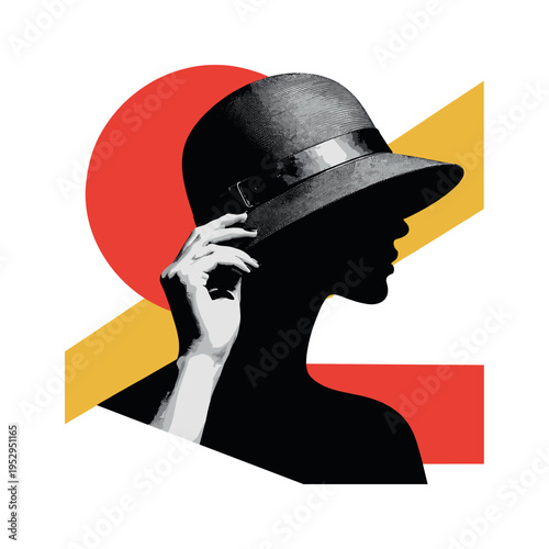 black and white hand adjusting a retro fashion hat, large abstract circle and diagonal blocks behind the object, bold red and mustard yellow geometric forms