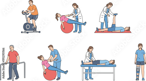 Cartoon physical therapy illustration with rehabilitation exercises, therapists, and patients for health and recovery design