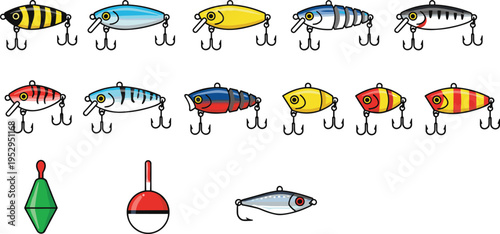 Cartoon fishing lures and bobbers illustration with colorful hooks and tackle for sport and recreational fishing design