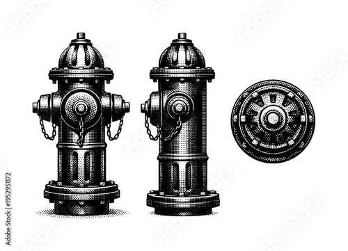 Fire hydrant presented as one object in front view, side view, and top view emphasizing cylindrical body, caps, and structural proportions. Black and white dot