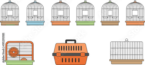 Cartoon animal cage and pet carrier illustration with birdcages, enclosures, and accessories for pet care design
