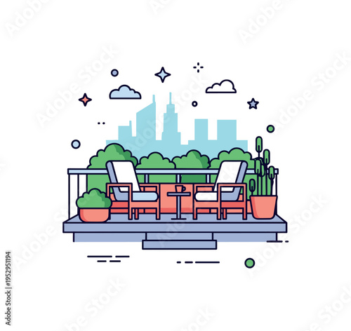 Rooftop garden lounge featuring simple seating with surrounding planters and subtle skyline shapes in the background, symbolizing elevated relaxation and green