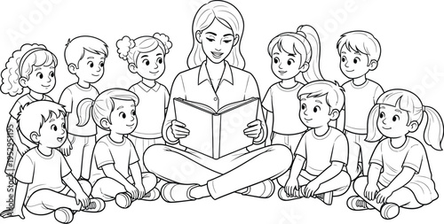 Easter sunday vector illustration of woman reading to children eps file