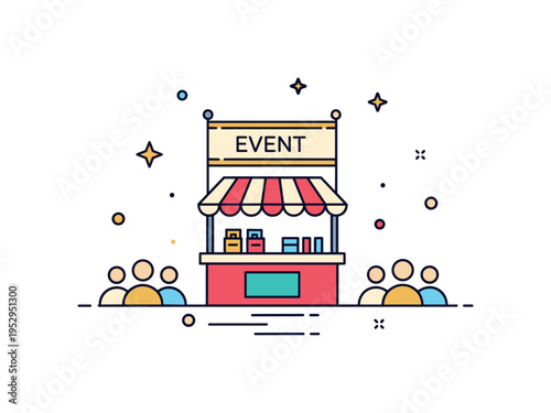 Community event marketing concept centered on a small booth with a banner and subtle crowd icons nearby, symbolizing participation in local fairs and markets.